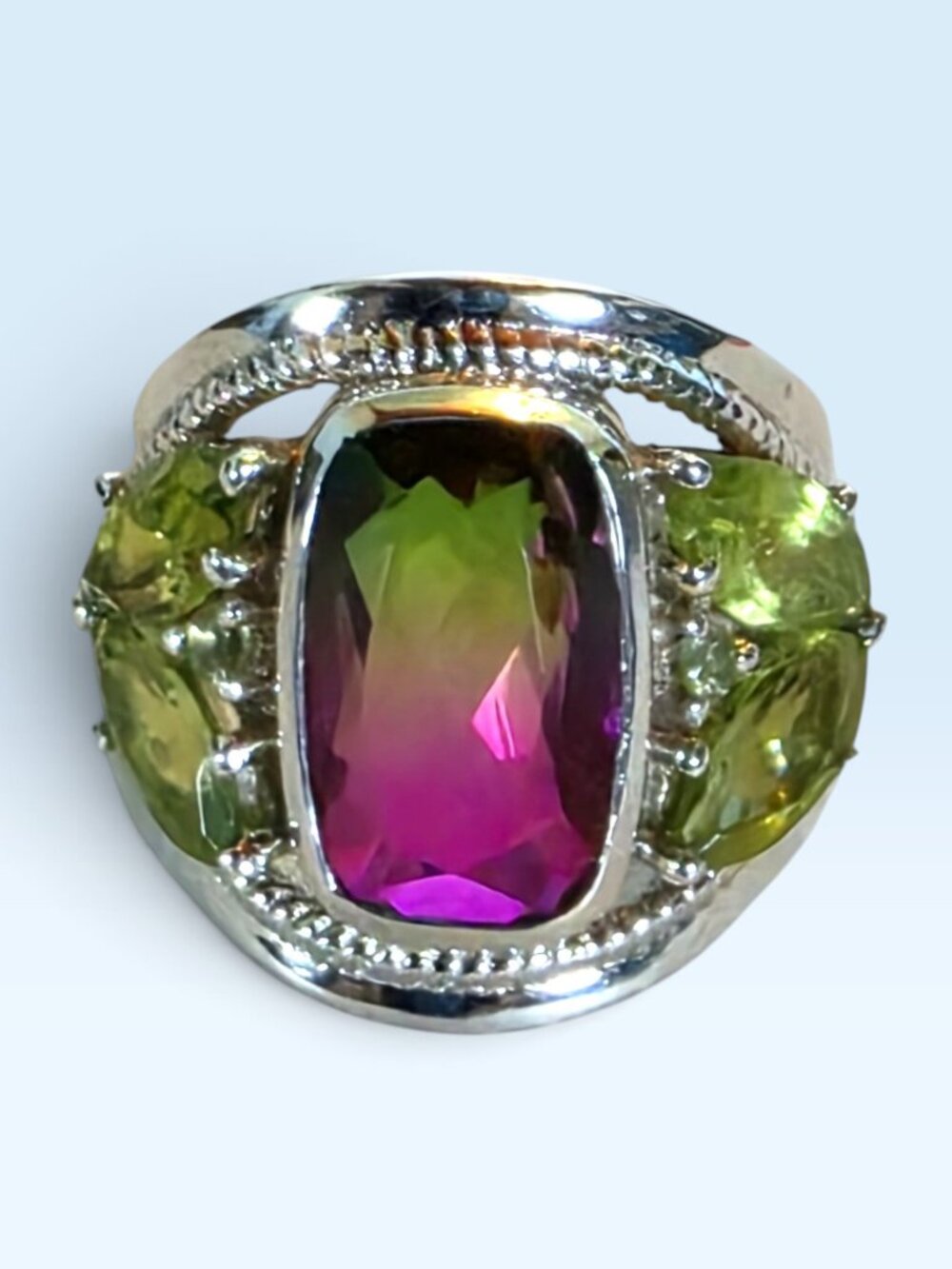 Bold Vintage Bi-Colour Tourmaline & Peridot 925 Sterling Silver Statement Ring